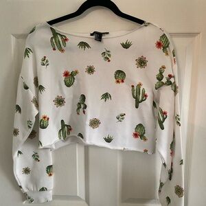 Succulent Print White Crop Sweater